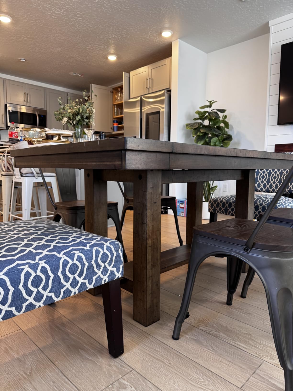 Signature Design by Ashley Extendable Dining Table, Grayish Brown, Seats 8 | Wood, Acacia veneer, Engineered wood, Rectangular farmhouse style, 2 extension leaves, Moriville Series customer photo 1
