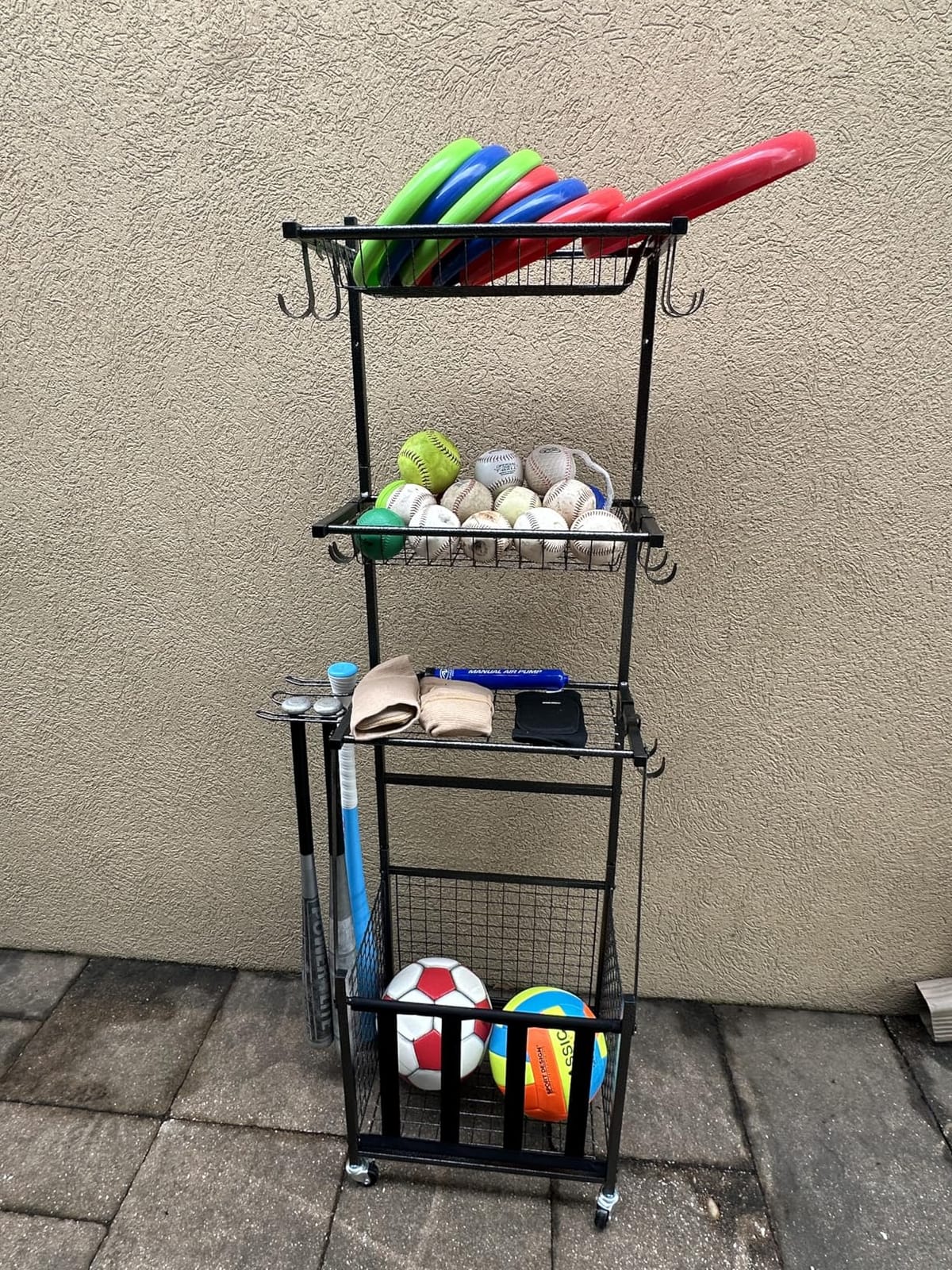 PLKOW Sports Equipment Storage for Garage, Indoor/Outdoor Sports Rack for Garage, Ball Storage Garage Organizer with Basket and Hooks,Toy/Sports Gear Storage customer photo 1