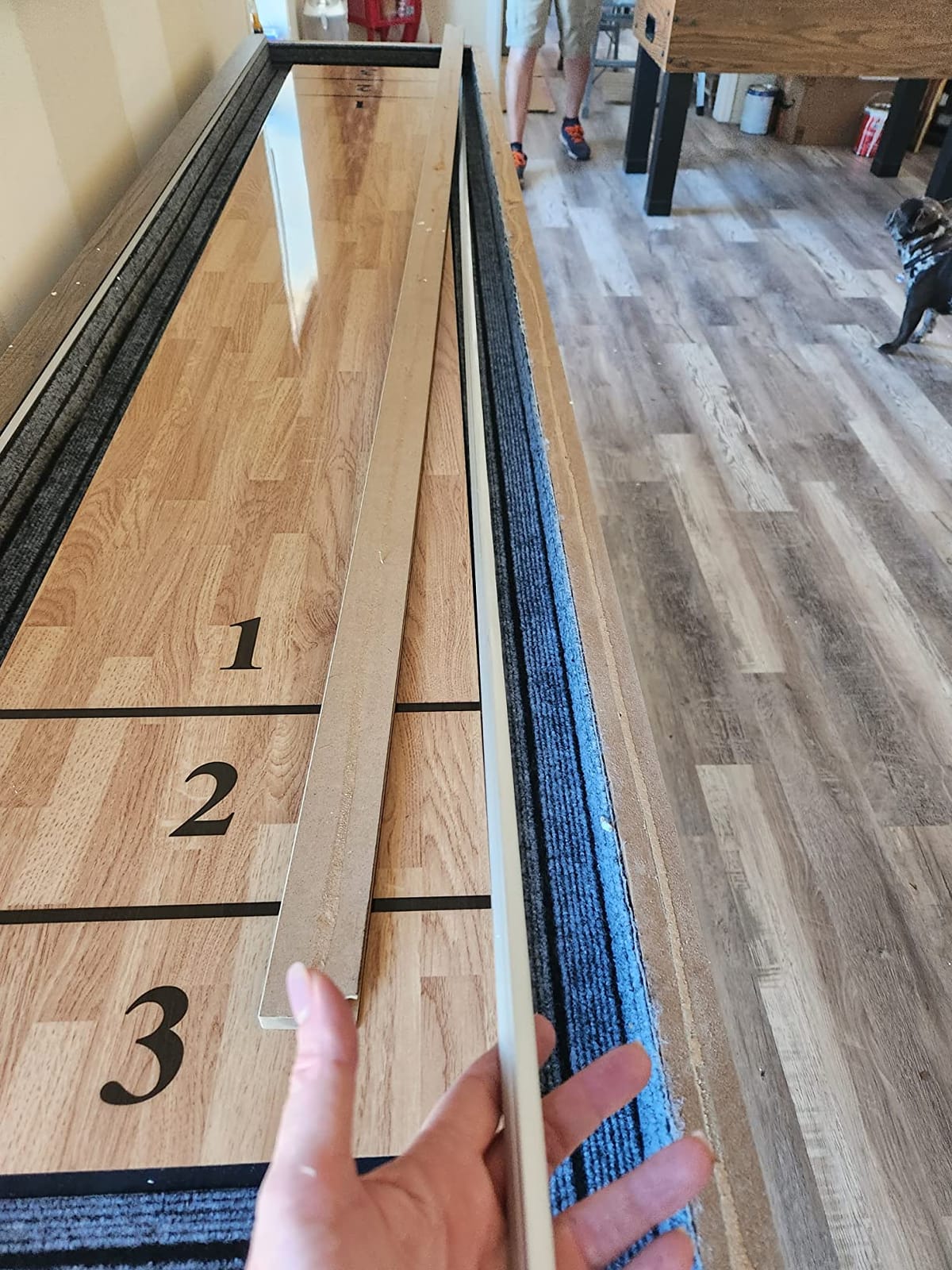 American Legend Kirkwood 9’ Shuffleboard Table with LED Rails, Bowling Game Set, Rustic Wood Finish & Accessories Included customer photo 1