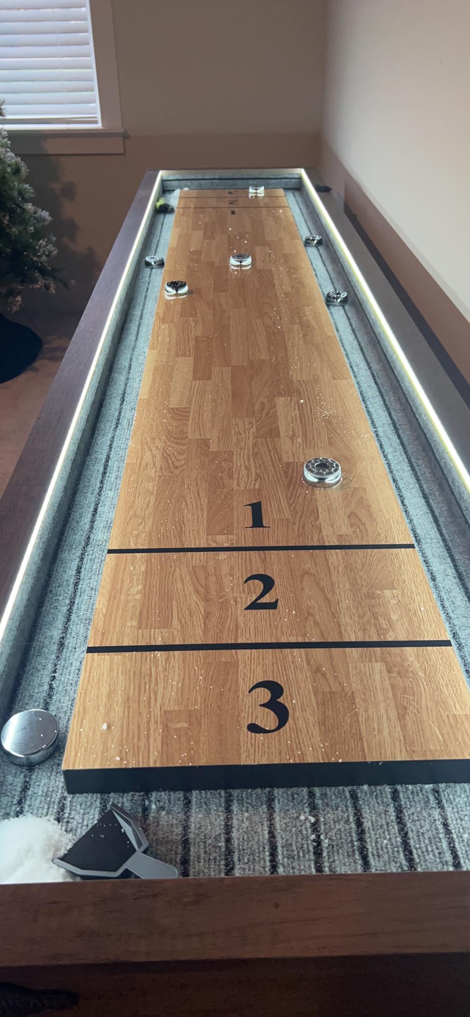 American Legend Kirkwood 9’ Shuffleboard Table with LED Rails, Bowling Game Set, Rustic Wood Finish & Accessories Included customer photo 2