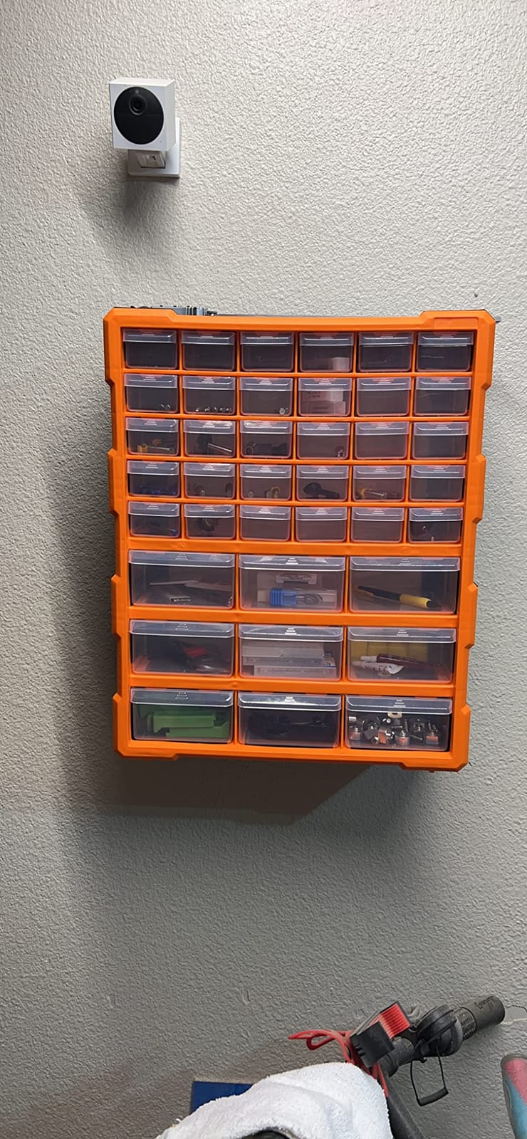 Amazon Basics Wall Mount Hardware and Craft Storage Cabinet Organizer with 39 Drawers, Plastic Garage Organization System with Dividers for Small Parts, Black, Orange, 15