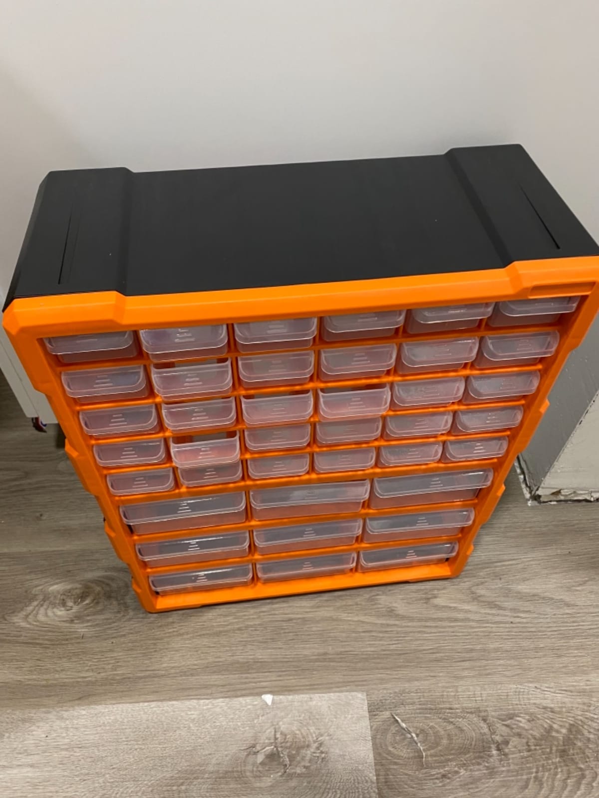 Amazon Basics Wall Mount Hardware and Craft Storage Cabinet Organizer with 39 Drawers, Plastic Garage Organization System with Dividers for Small Parts, Black, Orange, 15