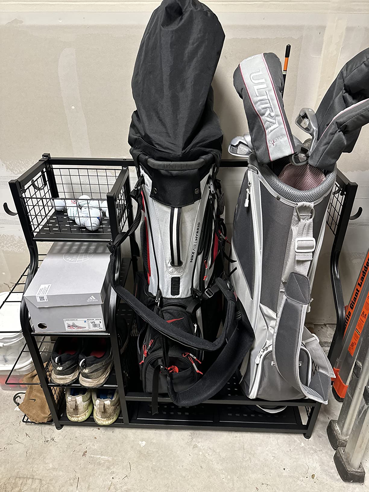 SNAIL Golf Bag Garage Storage Organizer Extra Large Size Golf Bag Rack Stand Holder Fits 2 Golf Bags and Other Golfing Equipment Accessories, Metal Black Golf Club Storage for Garage Shed and Basement customer photo 1