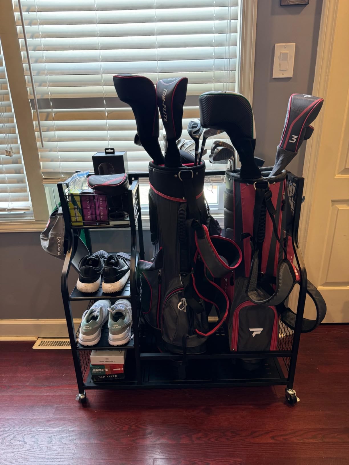 SNAIL Golf Bag Garage Storage Organizer Extra Large Size Golf Bag Rack Stand Holder Fits 2 Golf Bags and Other Golfing Equipment Accessories, Metal Black Golf Club Storage for Garage Shed and Basement customer photo 2
