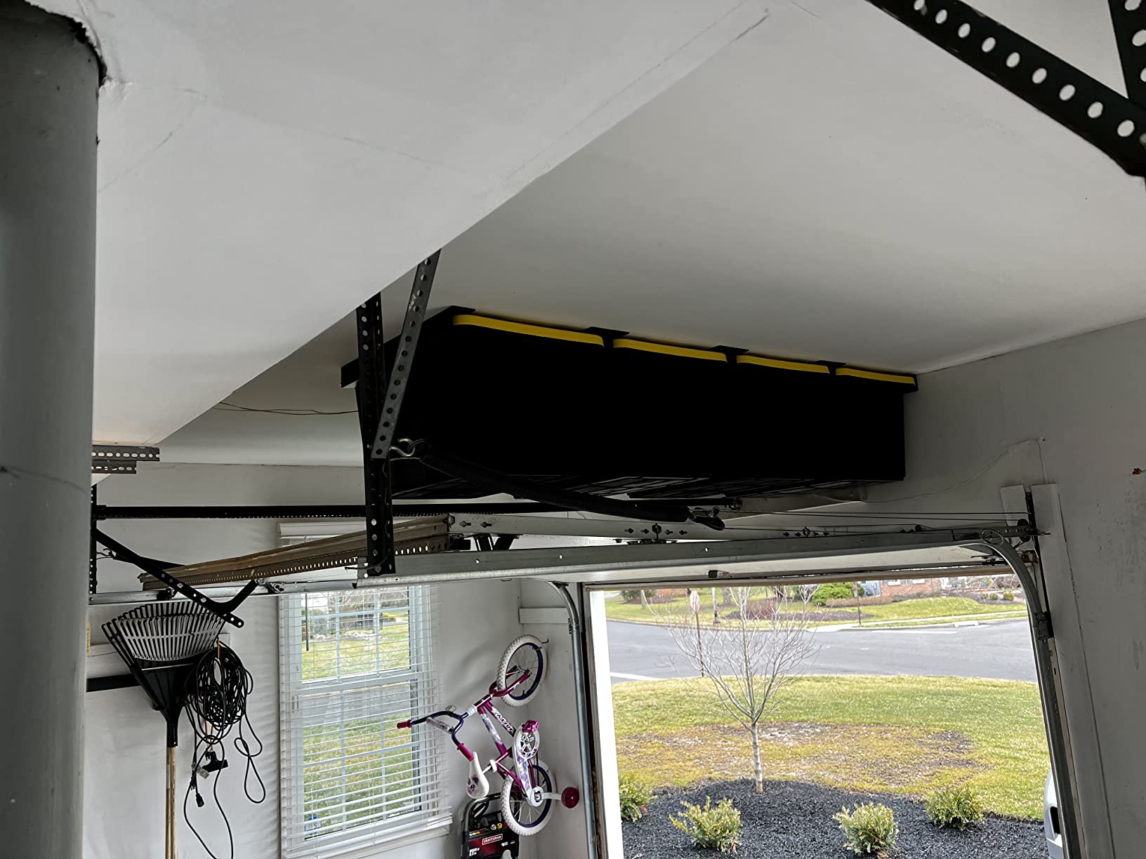 Koova Heavy-Duty Overhead Garage Storage Rack for 4 Bins. Adjustable Width, 160lb Capacity. DIY Safe Ceiling Mount, Easy Install. Fits 27-Gallon Totes. USA Made Pro-Grade Steel. Space Saving Organizer customer photo 1