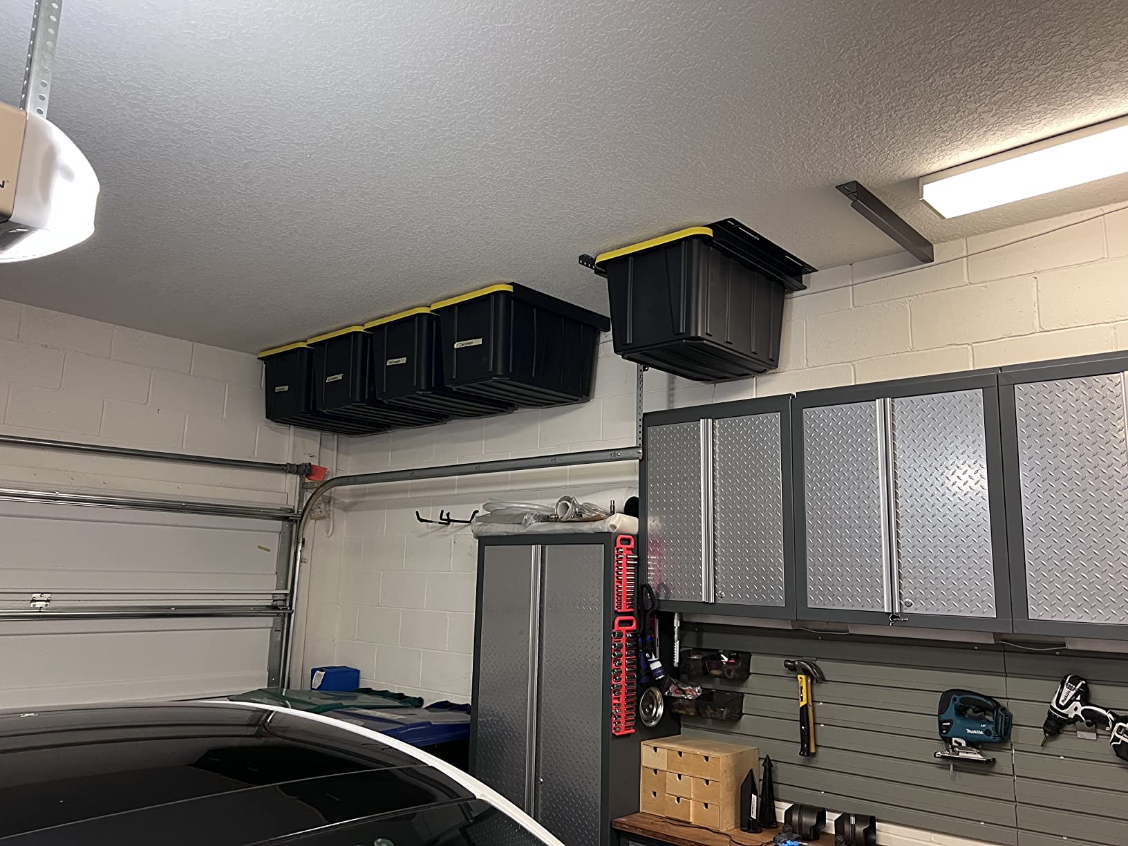 Koova Heavy-Duty Overhead Garage Storage Rack for 4 Bins. Adjustable Width, 160lb Capacity. DIY Safe Ceiling Mount, Easy Install. Fits 27-Gallon Totes. USA Made Pro-Grade Steel. Space Saving Organizer customer photo 2