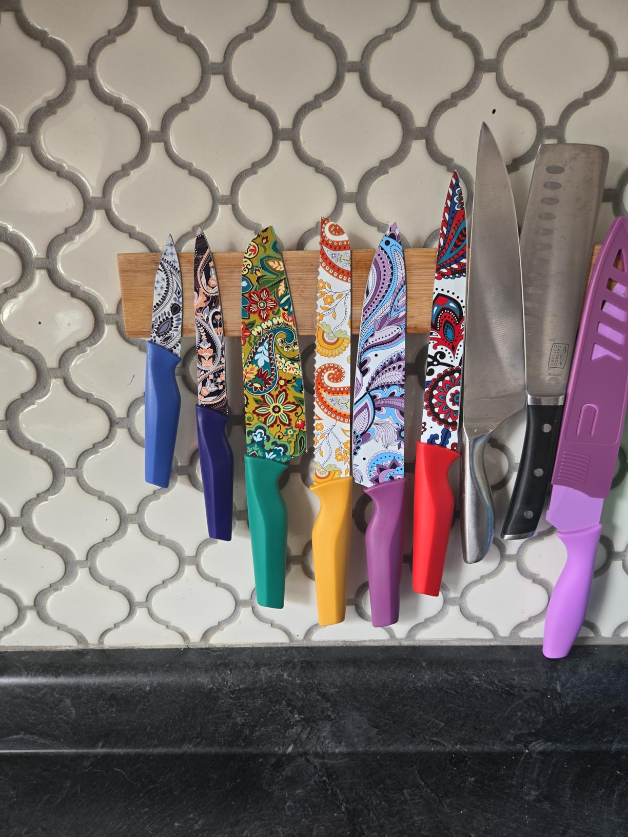 Astercook Paisley Pattern Knife Set with Cover | Dishwasher Safe, 6 Knife Sheath, German Stainless Steel, Rainbow Colorful Design customer photo 2