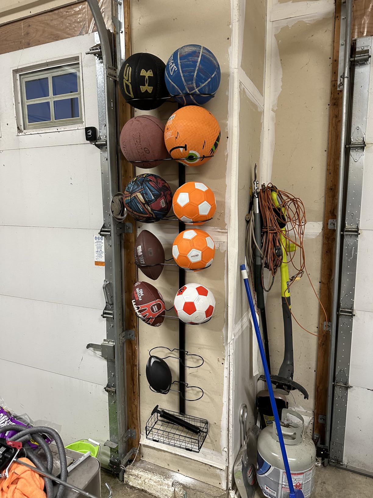 8 Tier Detachable Wall Mounted Basketball Rack, Vertical/Horizontal Football Holder, Holds 14 Balls DIY 1/2/3/4 Soccer Stand, Height-Adjustable Ball Rack with Basket for Garage, Tool Room, Metal-Black customer photo 2
