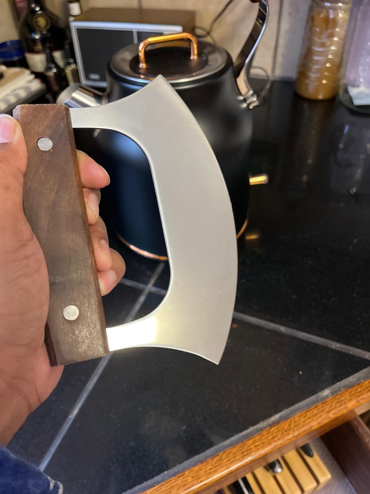 Coowolf Ulu Knife with Stand for Cutter Pizza Meat Vegetables Herb Salad | Stainless Steel Blade, Walnut Wood Handle, Sharp Rocker Mezzaluna Knife, Kitchen Essentials Accessories and Gadgets Tools customer photo 1