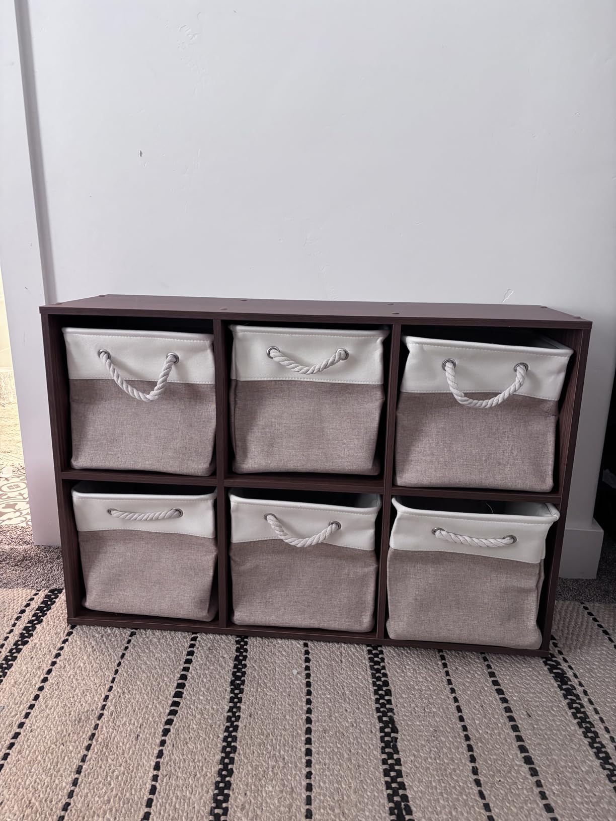 MidmmVick 11 x 11 Inch Cube Storage Bins, 6 Pack Large Collapsible Fabric Storage Bin with Ropes, Foldable Storage Cubes for Home, Office,Closet, Clothes, Toys Organizer (White & Beige-11