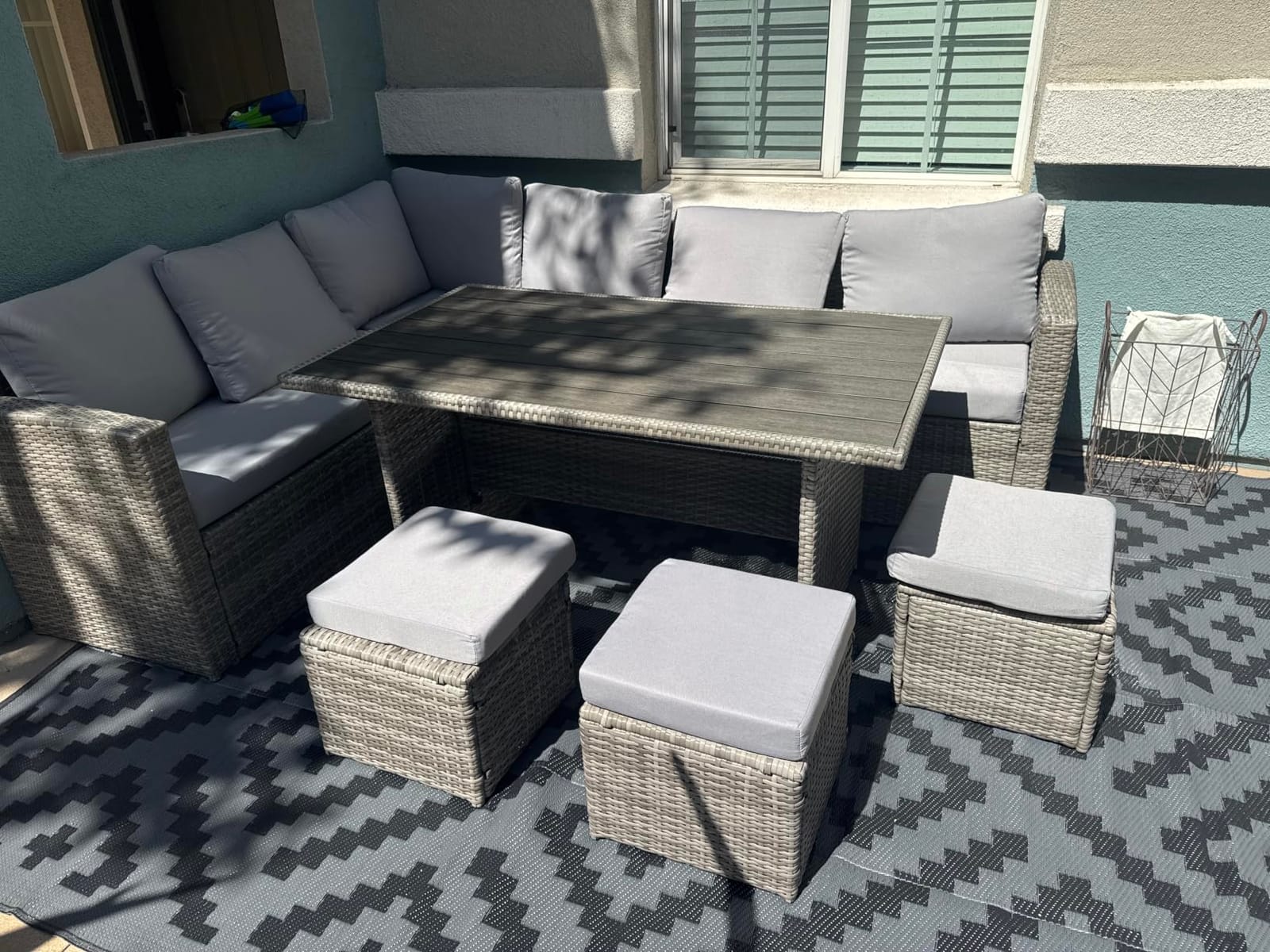 Wumiokio Patio Furniture Set, 7 Pieces Outdoor Patio Furniture with Dining Table&Chair, All Weather Wicker Conversation Set with Ottoman,Brown Rattan & Ivory Cushions (Include Sofa Dust Cover) customer photo 1