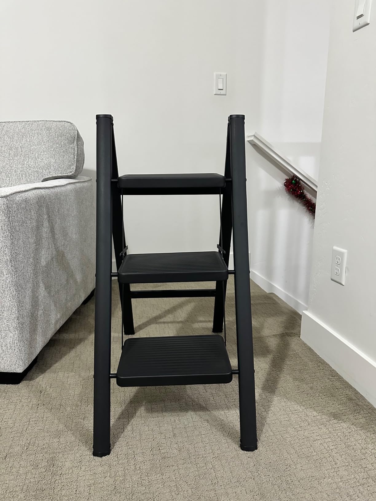 Double Elite Folding 3 Step Ladder, Sturdy Small Step Stool for Adults, Safer Full Steel Multi-use Kitchen Ladder for Home, Closet Step Stool Ladder with Wide Pedals, Black, 3-Step customer photo 2
