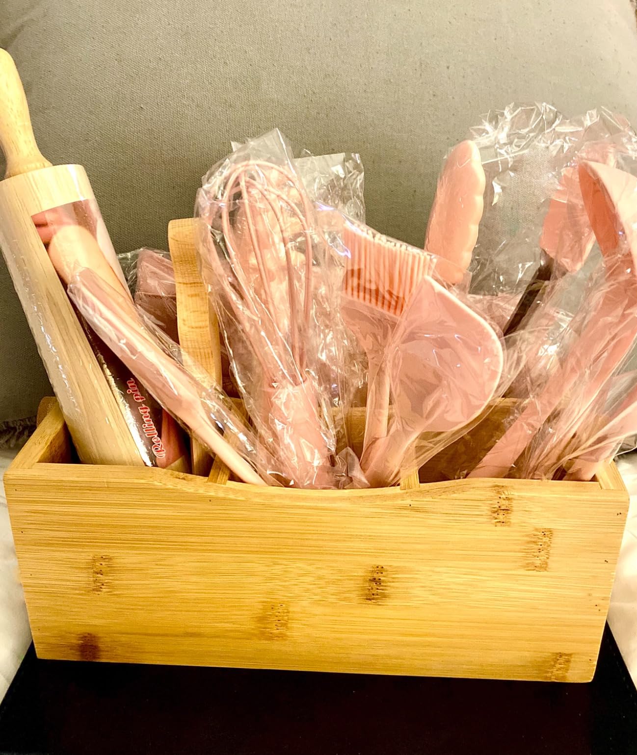 Pulcher Kids Cooking and Baking Sets Real, with Storage Basket, Coral Pink | 17-piece kid-sized utensils, apron, rolling pin, knife, chopper, bamboo board and basket for supervised kitchen practice customer photo 2