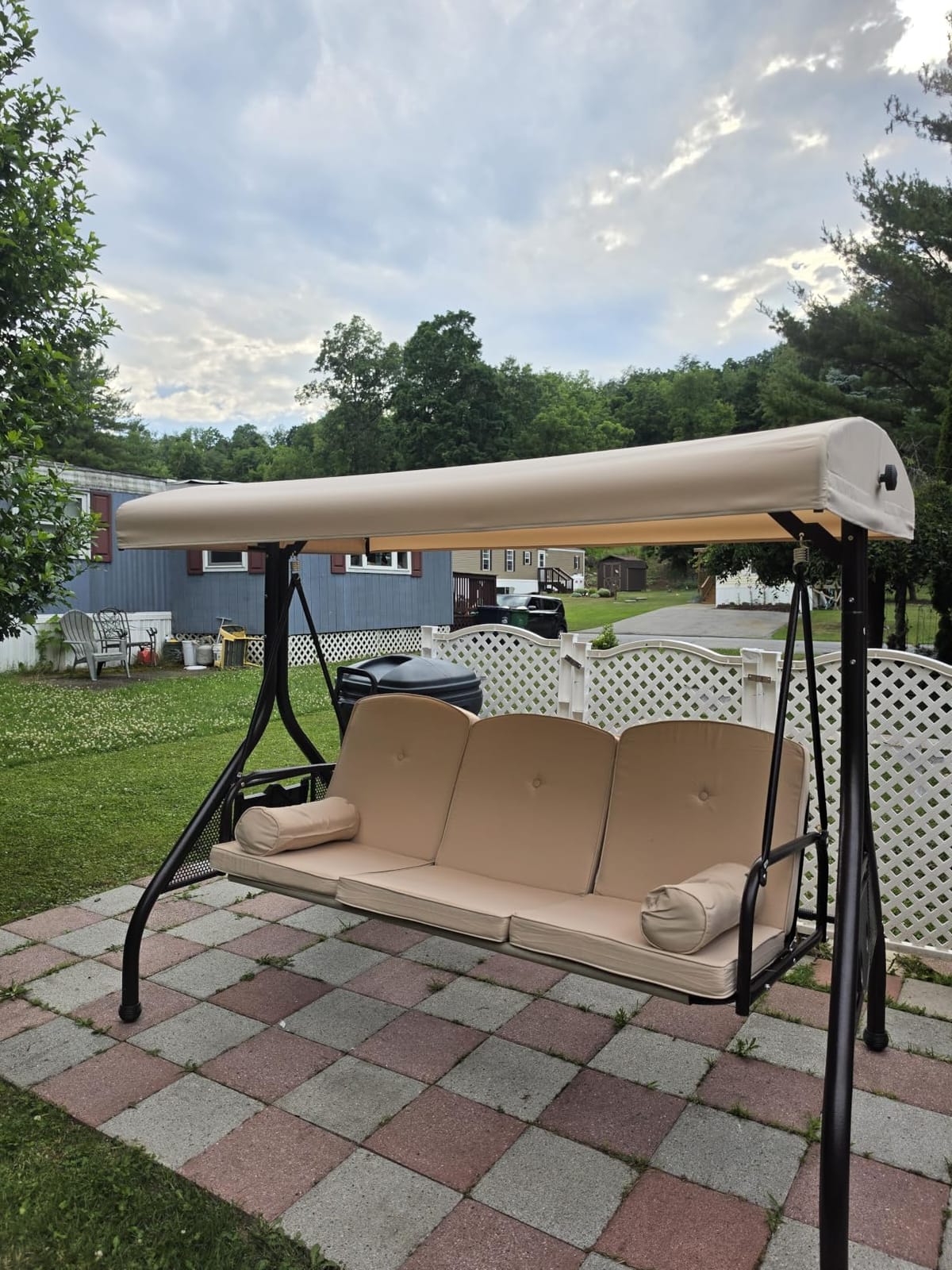 HOMREST 3 Seat Porch Swing with Adjustable Canopy, Patio Swing with Stand customer photo 2