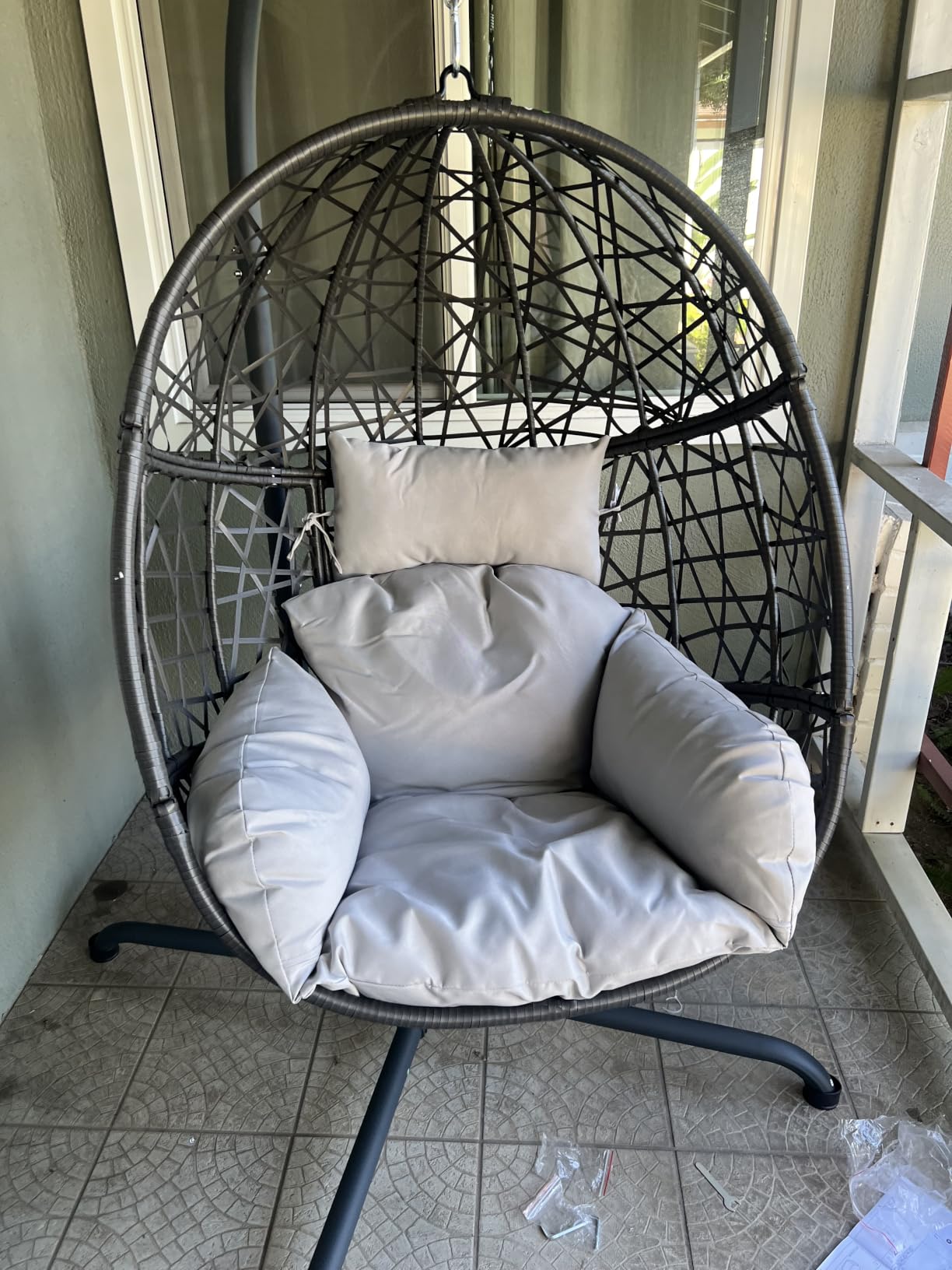 NICESOUL Swing Egg Chair with Stand, Bird Cage Patio Hanging Chair with Cushion, Large Swinging Chairs Indoor Outdoor, All-Weather 350lbs Eggshell Basket Seat for Porch, Backyard, Dark Grey customer photo 2