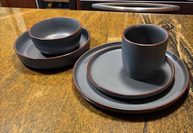 Famiware Mercury 12-Piece Stoneware Dinnerware Set, Charcoal, Plates and Bowls for 4, Warm Hand-Painted Rims, Dishes Set for Everyday & Formal Use, Microwave & Dishwasher Safe customer photo 1