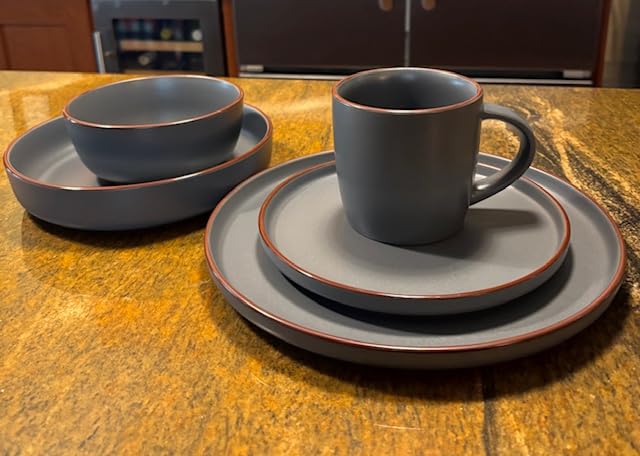 Famiware Mercury 12-Piece Stoneware Dinnerware Set, Charcoal, Plates and Bowls for 4, Warm Hand-Painted Rims, Dishes Set for Everyday & Formal Use, Microwave & Dishwasher Safe customer photo 2