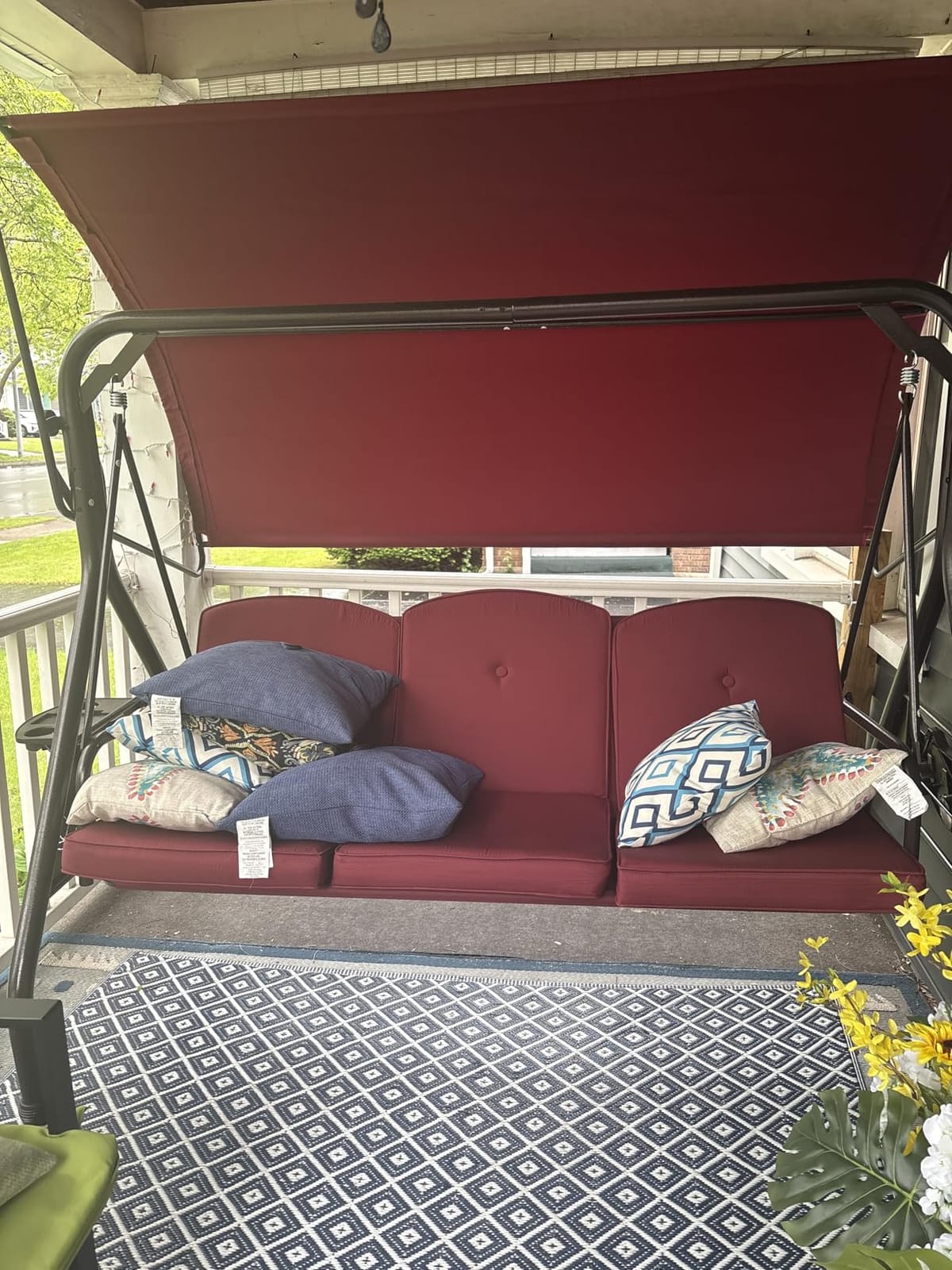 ZZW 800LBS Patio Swing with Canopy 3 Seat Outdoor Porch Swing with Stand w/Cup Holder & Pillow Glider Chair Swing Bed for Patio Backyard Poolside (Blue) customer photo 2