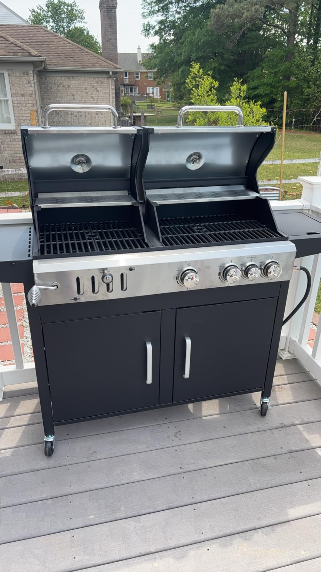MFSTUDIO Gas and Charcoal Grill Combo w/Side Burner, Dual Fuel, Black | Adjustable Enameled Charcoal Tray, 2 Individual Double-layer Lids, Heavy Duty Cast Iron Grates, Large Cooking Area, for BBQ customer photo 2