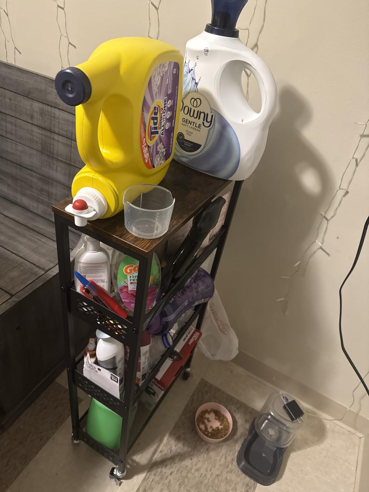 OKZEST Slim Laundry Room Organization Cart with Upgraded Metal Hub Casters | Fits between washer & dryer, 4-Tier space-saving narrow rolling cart, Premium wood top & metal mesh shelf, with handle & hook customer photo 2