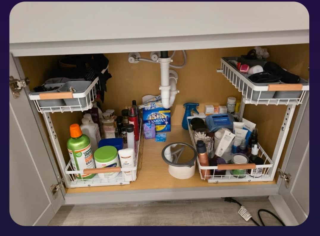 PXRACK Under Sink Organizer, Adjustable Height, 2 Tier Pull Out Under Cabinet Organizer, Slide Out Thickened Metal Under Sink Storage for Kitchen Bathroom Laundry Pantry Cabinet, White, Large-2-Pack customer photo 2