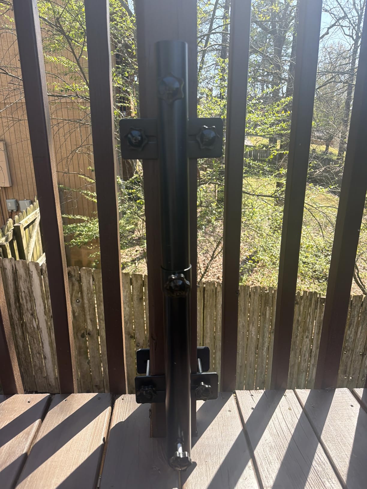 ZZM Patio Umbrella Holder for Deck Railing, Adjustable Deck Umbrella Mount Outdoor, Attachable to Railing Mounting Brackets - Upgraded 3 Screws to Secure Umbrella Handle, Maximizes Deck Space (Dark) customer photo 1
