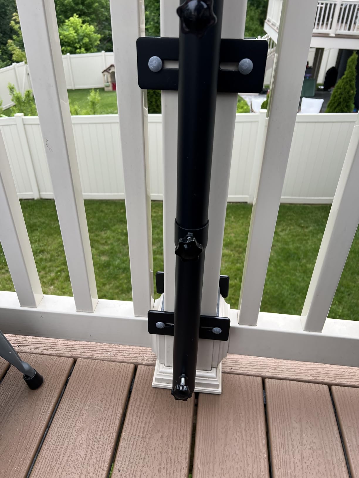 ZZM Patio Umbrella Holder for Deck Railing, Adjustable Deck Umbrella Mount Outdoor, Attachable to Railing Mounting Brackets - Upgraded 3 Screws to Secure Umbrella Handle, Maximizes Deck Space (Dark) customer photo 2