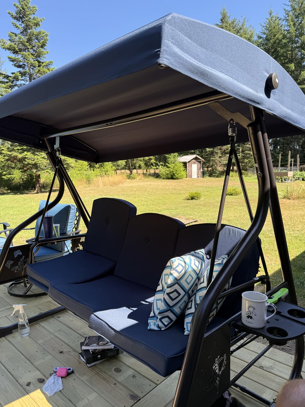 ZZW 3-Seat Patio Porch Swing 800LBS Outdoor Swing with Stand w/Canopy & Adjustable Backrest Patio Glider Chair w/Removable Pillows & Foldable Side Tray for Balcony Garden Deck (Blue) customer photo 1