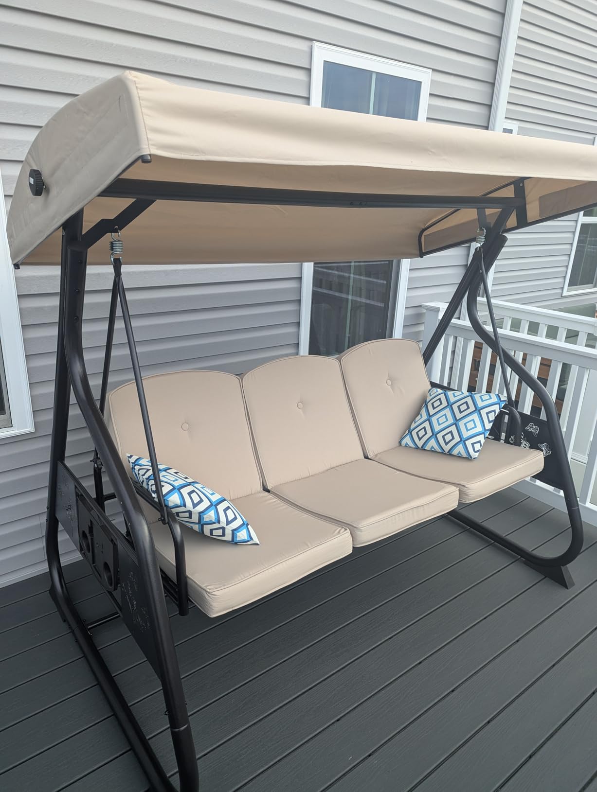 ZZW 3-Seat Patio Porch Swing 800LBS Outdoor Swing with Stand w/Canopy & Adjustable Backrest Patio Glider Chair w/Removable Pillows & Foldable Side Tray for Balcony Garden Deck (Blue) customer photo 2