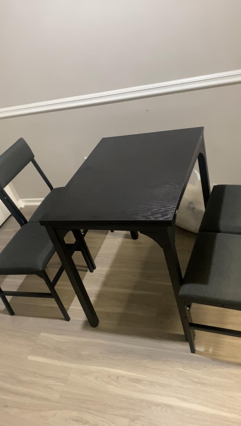 HUAHUU Dining Table Set for 4, Extendable Kitchen Table Cushion Chairs Set of 4, Rectangle Dining Table with Metal Frame & MDF Board, Folding for Small Apartment Saving Space, Black customer photo 1