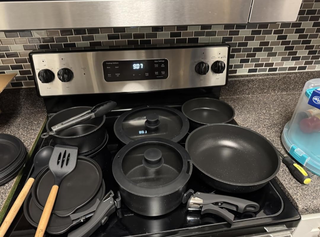 Nonstick Pots and Pans Set - 20 Pack KIKCOIN Stackable Cookware Set with Detachable Handle, RV Kitchen Cooking Set with Removable Handles - Oven Safe, Induction Ready (Black) customer photo 2