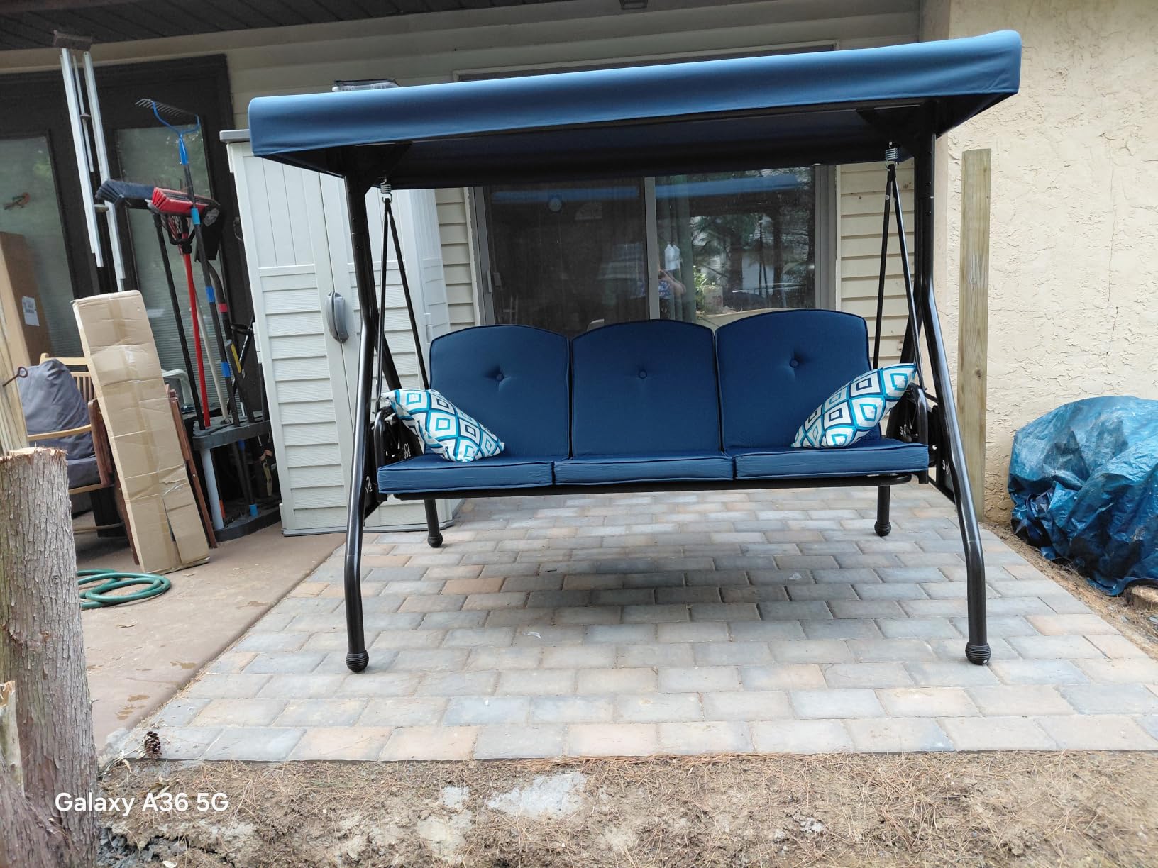 ZZW 3 Seat Outdoor Porch Patio Swing with Stand 800lbs 2-in-1 Convertible Swing Bed with Adjustable Canopy & Removable Cushion for Yard Garden Deck (Blue, Square Tube) customer photo 2