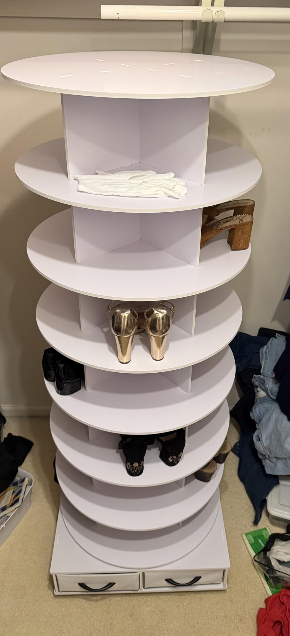 RUNSUNSPRI 8 Tier Rotating Shoe Rack Tower Contains 2 Drawers customer photo 1
