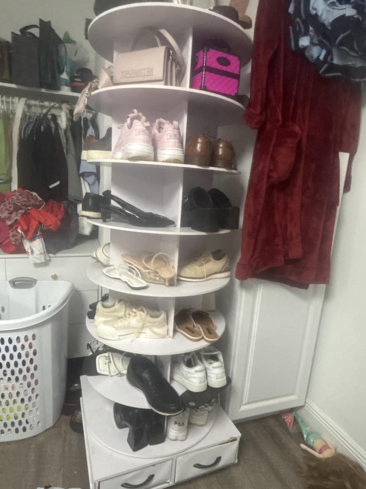 RUNSUNSPRI 8 Tier Rotating Shoe Rack Tower Contains 2 Drawers customer photo 2