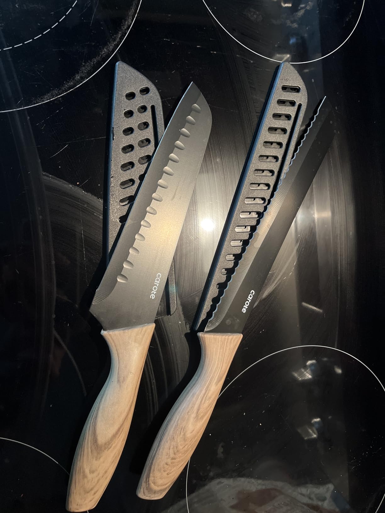 CAROTE 12-Piece Knife Set, Knives with Wood-Grain Finish Handles, Black | 6 Blade Guards, Stainless Steel Blade, Ceramic Nonstick Coating, Long-Lasting Sharpness, Rust-Resistant, Kitchen, Camping, RV customer photo 1