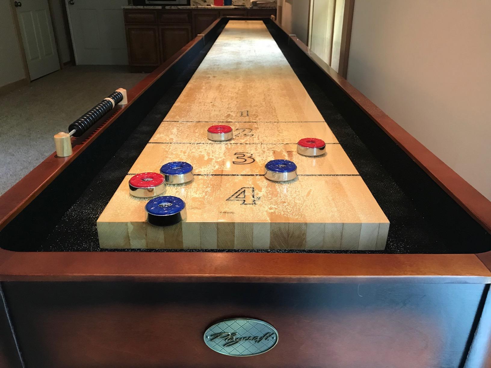 Playcraft Georgetown Shuffleboard Table with Storage Cabinet - Shuffle Board Game Table with Matching Abacus, 8 Pucks, Brush & Wax - Pro Climate Adjusters - Hand-Stained Burnished Finish customer photo 2