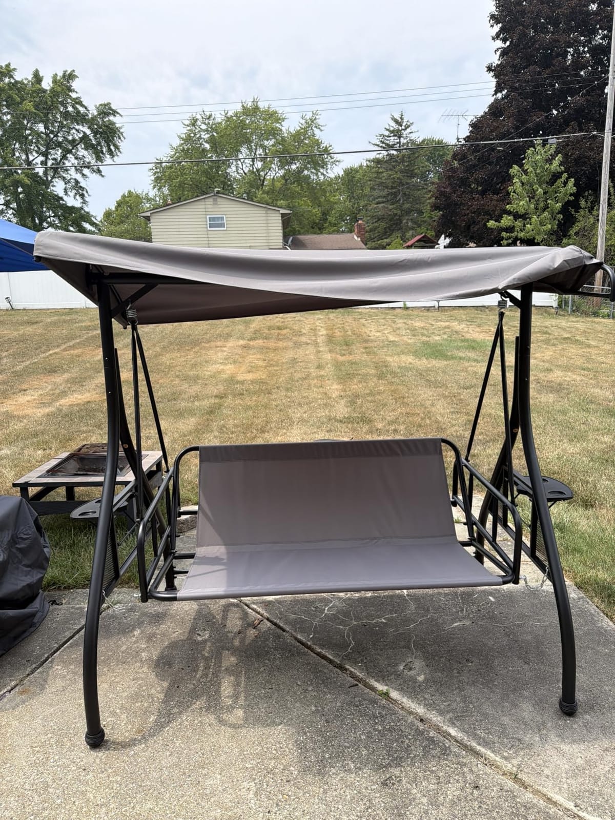 Grepatio Outdoor Porch Swing with Canopy and Stand, 3 Person Patio Swing for Adults, Convertible 2 in 1 Porch Bed Swing with Cup Holder, 3 Seat Swings with 2 Pillow Cushions for Garden, Yard (Grey) customer photo 2