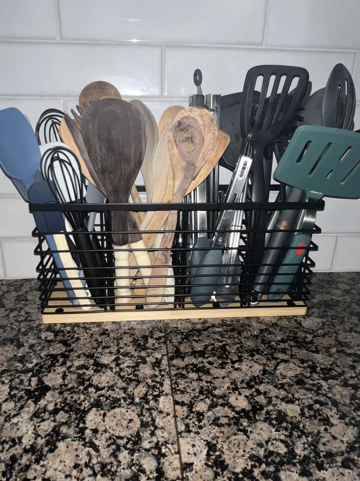 Nigelia 4 Compartments Extra Large Kitchen Utensil Holder with Wooden Base, Metal Organizer for Kitchen Countertop, Matte Black Cooking Utensils Holder with 4 Hooks for Tools Storage customer photo 2