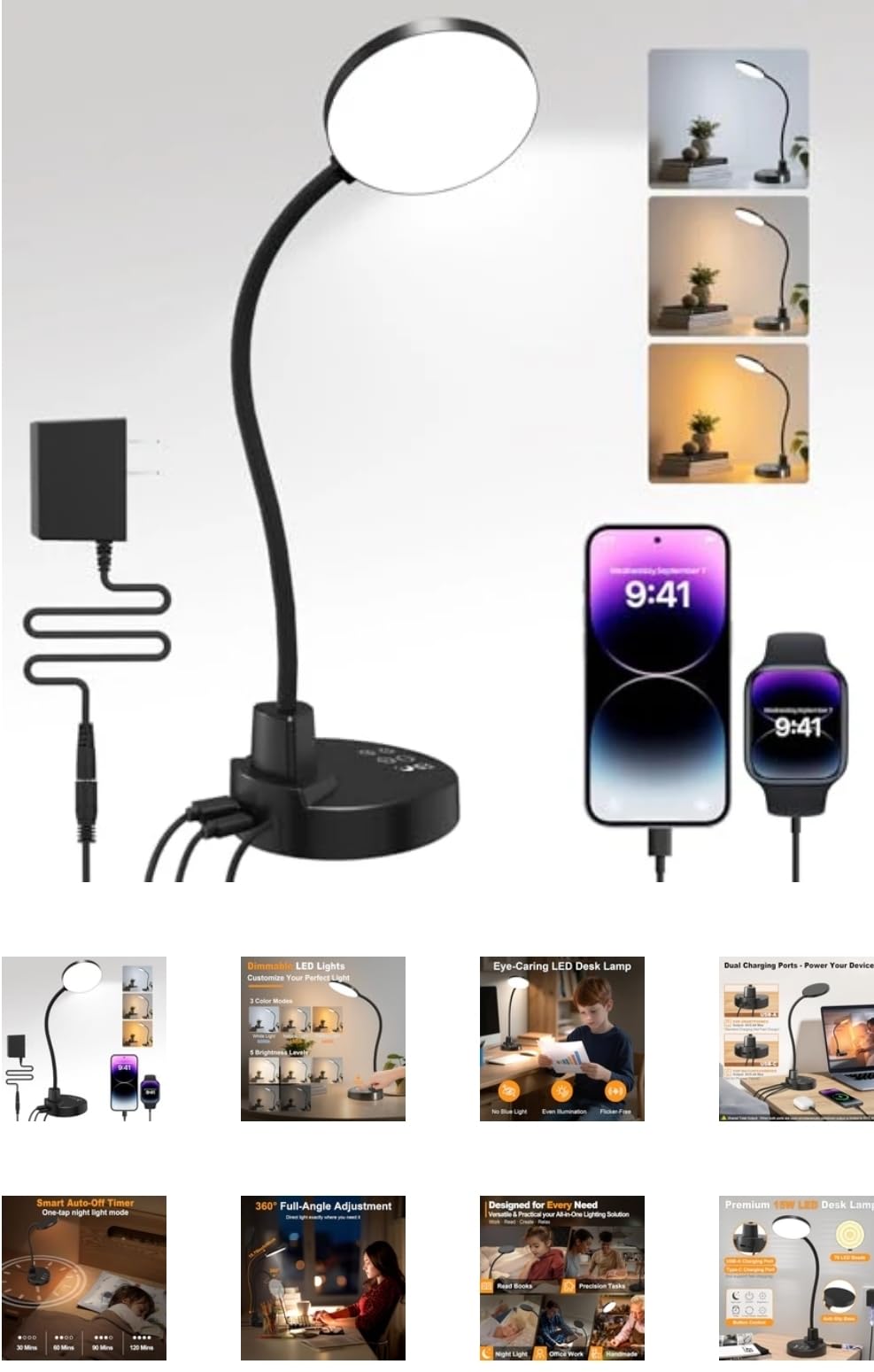 15W LED Desk Lamp with USB Charging Ports - Dimmable Table Lamp with 3 Color Temps, 5 Brightness, 4 Timers, Flexible Gooseneck Light with Base, Eye-Caring Reading Light for Home Office, Bedroom, Study customer photo 1
