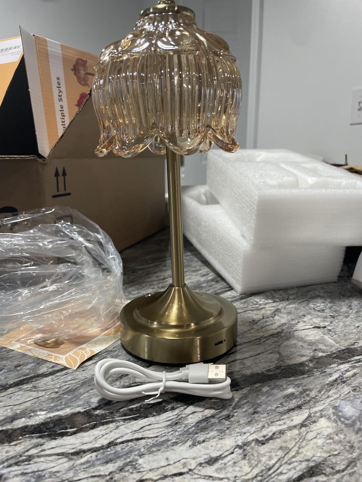 Cordless Table Lamp, Rechargeable Amber Glass Lotus Flower Lamp | 5200mAh touch lamp with 3 color modes and stepless dimming, battery operated lamp for nightstands and kitchen counters customer photo 1