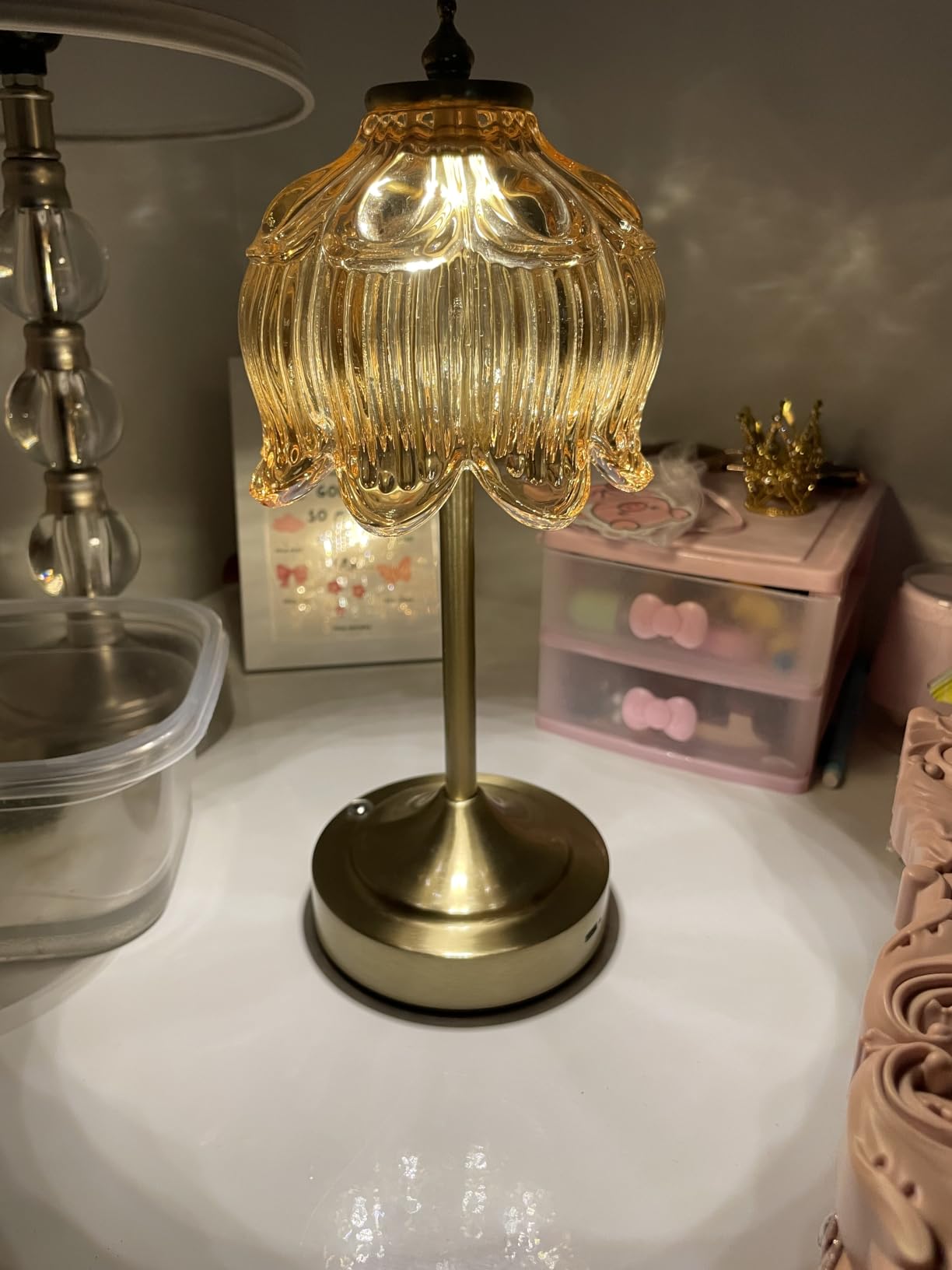 Cordless Table Lamp, Rechargeable Amber Glass Lotus Flower Lamp | 5200mAh touch lamp with 3 color modes and stepless dimming, battery operated lamp for nightstands and kitchen counters customer photo 2