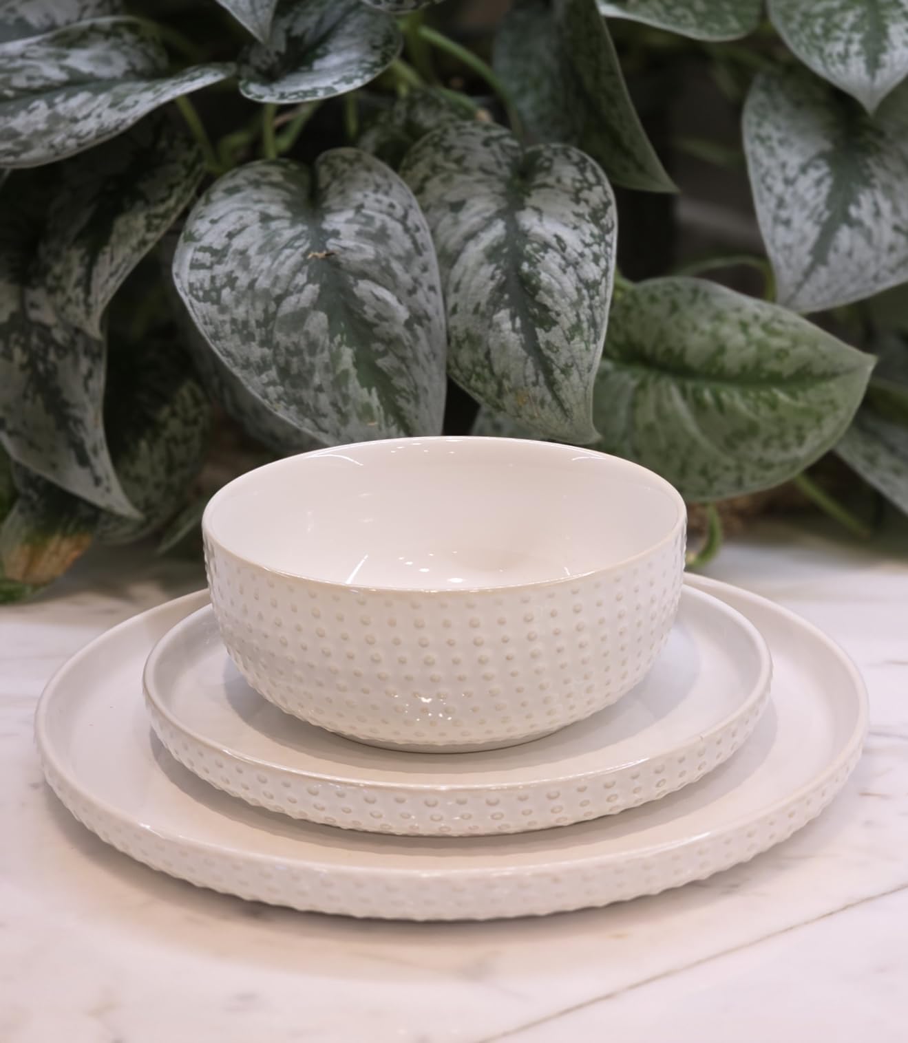 24 Piece Dinnerware Sets for 8 - Farmhouse Style Stoneware Plates and Bowls Sets - Scratch Resistant & Dishwasher Safe, Embossed Boho Ceramic Dish Set, Stack Compactly Dishware, Vintage White customer photo 2