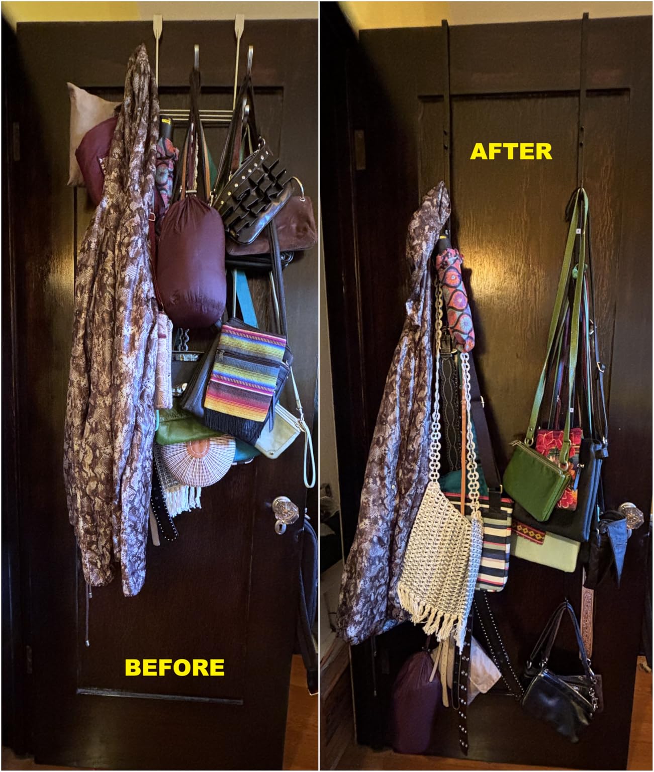 SWTYMIKI Over the Door Purse Organizer - 2 Packs Wall Mounted Purse Rack with 8 Hooks Design, Hanging Handbag Organizer Storage Holds up to 16 Bags, Bag Rack for Closet, Door (Black) customer photo 2