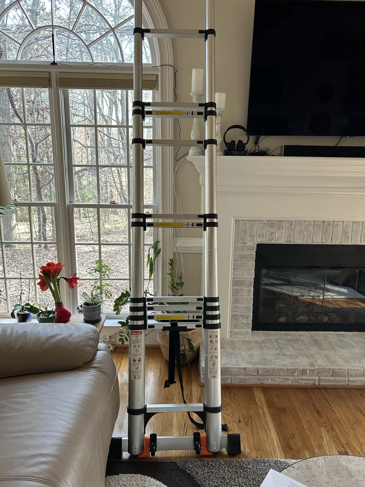 Telescoping Ladder with Hooks, 20.3 FT, Stabilizer & Wheels, Silver customer photo 2