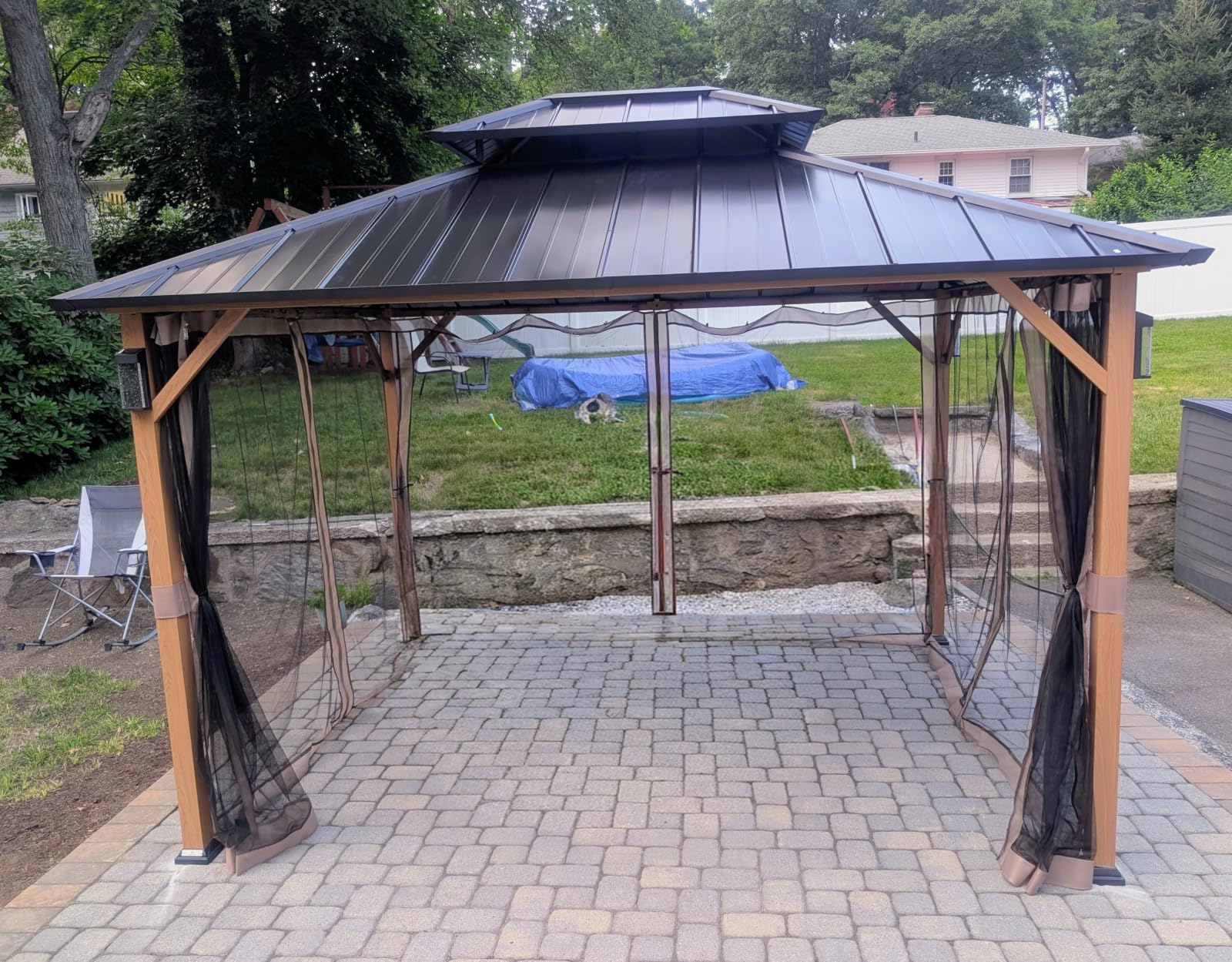 Modern Shade Hardtop Gazebo 10x12 with 4 LED Lights for Backyard Wood Grain customer photo 1